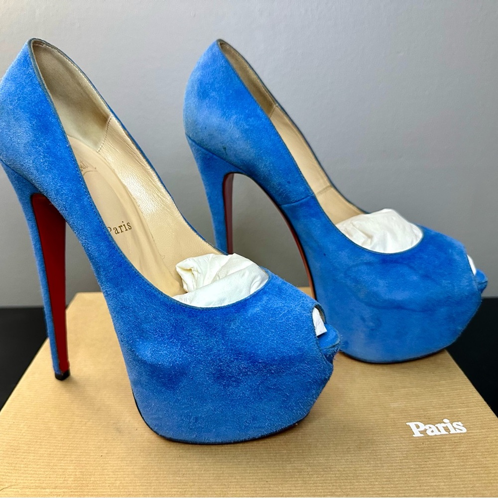 Christian Louboutin Womens Suede Daffodile Slip-On Heels Bleu Saphir Size 9.5